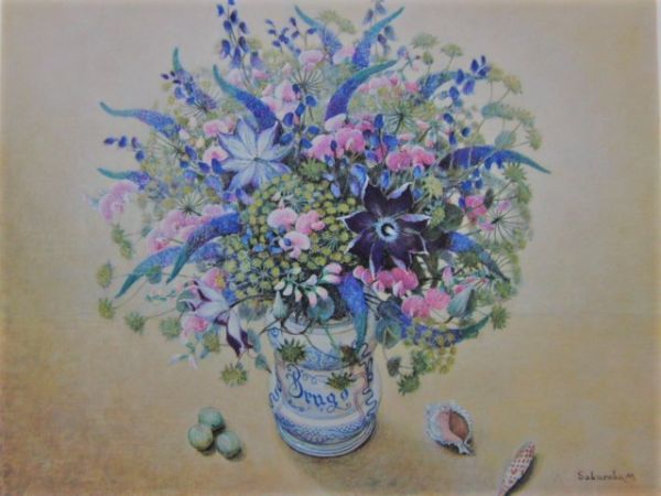 櫻庭優、『花』、希少画集より、状態良好、新品木製額・額装付、送料込み、洋画 choco拍卖