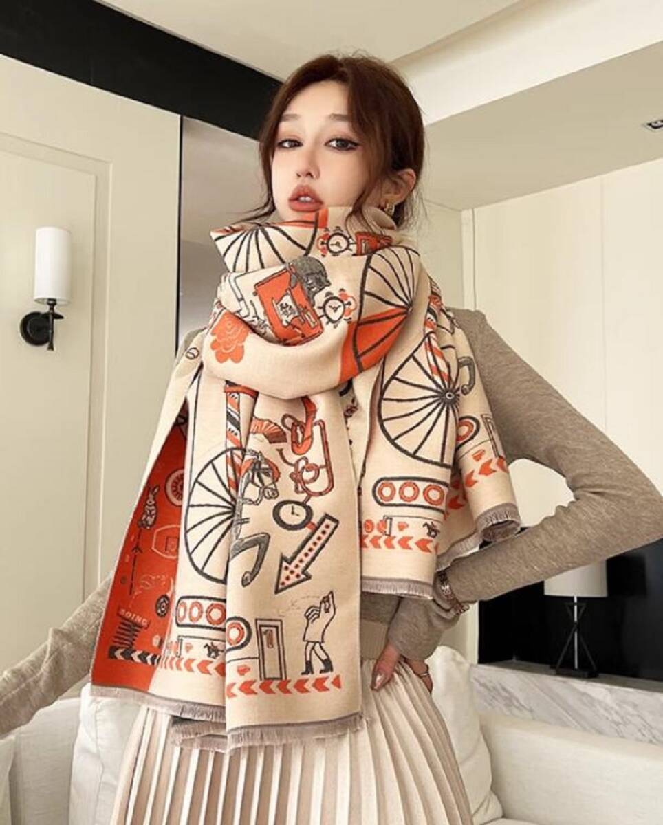 「送料無料」★新入荷 秋冬 新品上質大判 カシミヤ ストール マフラー バーシブル仕様 上品 馬車 オレンジ拍卖
