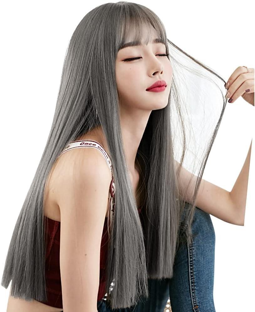 ロングウィッグ ストレート ウィッグ パッツン 小顔 サラサラ ナチュラル アレンジ ロング ウィッグ イメチェン コスプレ グレー拍卖