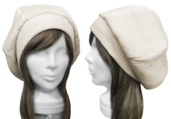 ハンドメイド◆リブ付ベレー帽◆リブ織コットンニット/ナチュラル ◇ゆったりサイズ・小顔効果・長いシーズン着用◇拍卖