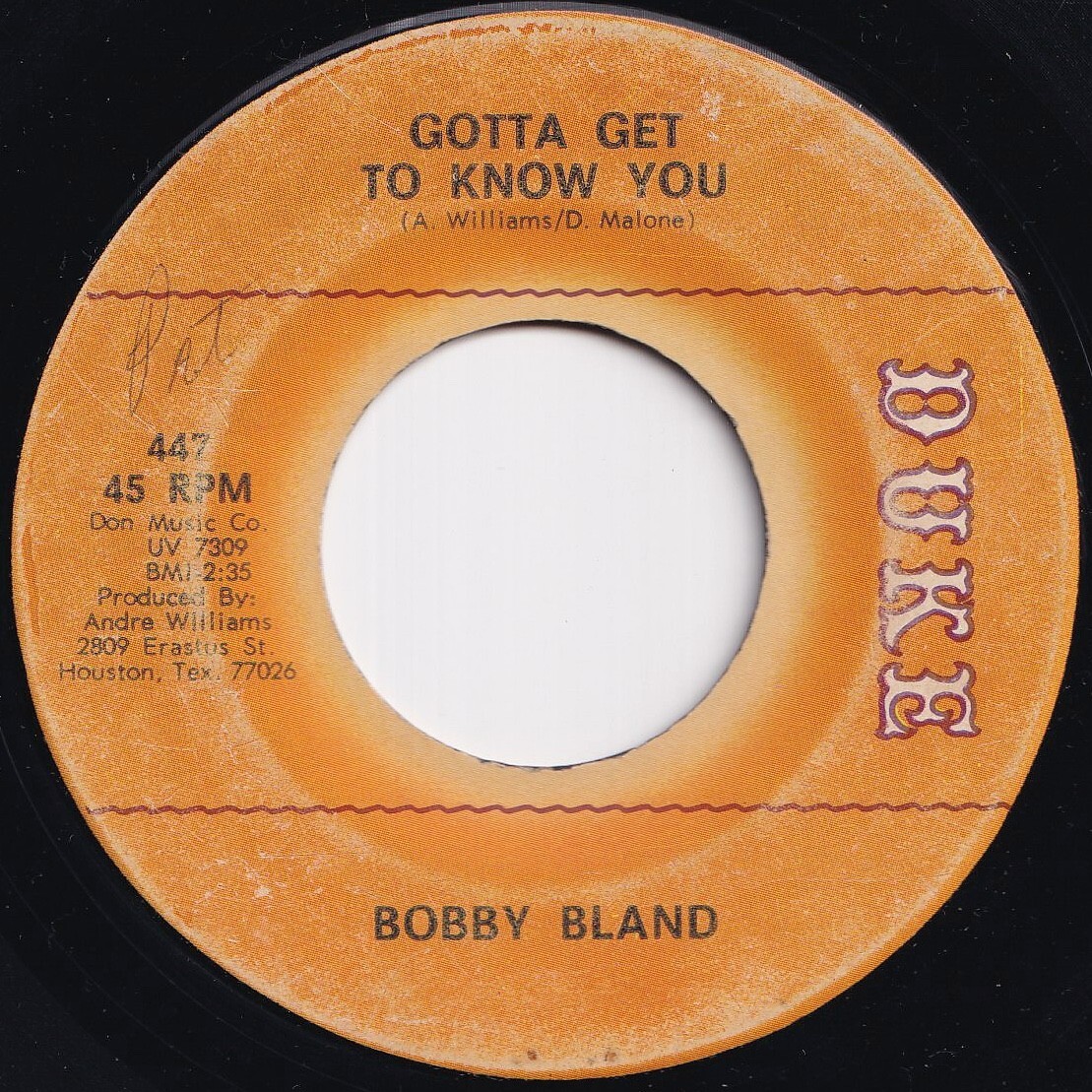 Bobby Bland Gotta Get To Know You / Baby, I'm On My Way Duke US 447 208443 SOUL ソウル レコード 7インチ 45拍卖