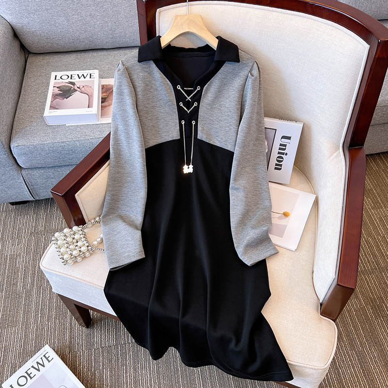 新入荷ワンピース レディース 重ね着風 長袖 膝丈 大きいサイズ A型ワンピース 春 秋 冬 ワンピ ロングワンピース きれいめ (L-4XL)拍卖