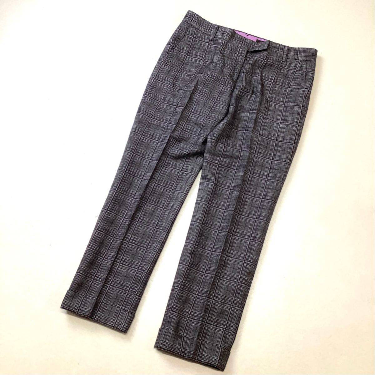 美品 tomorrow land トゥモローランド タータンチェック柄 ウールパンツ センタープレスパンツ レディース 38 M ブラウン系 ゴルフ拍卖