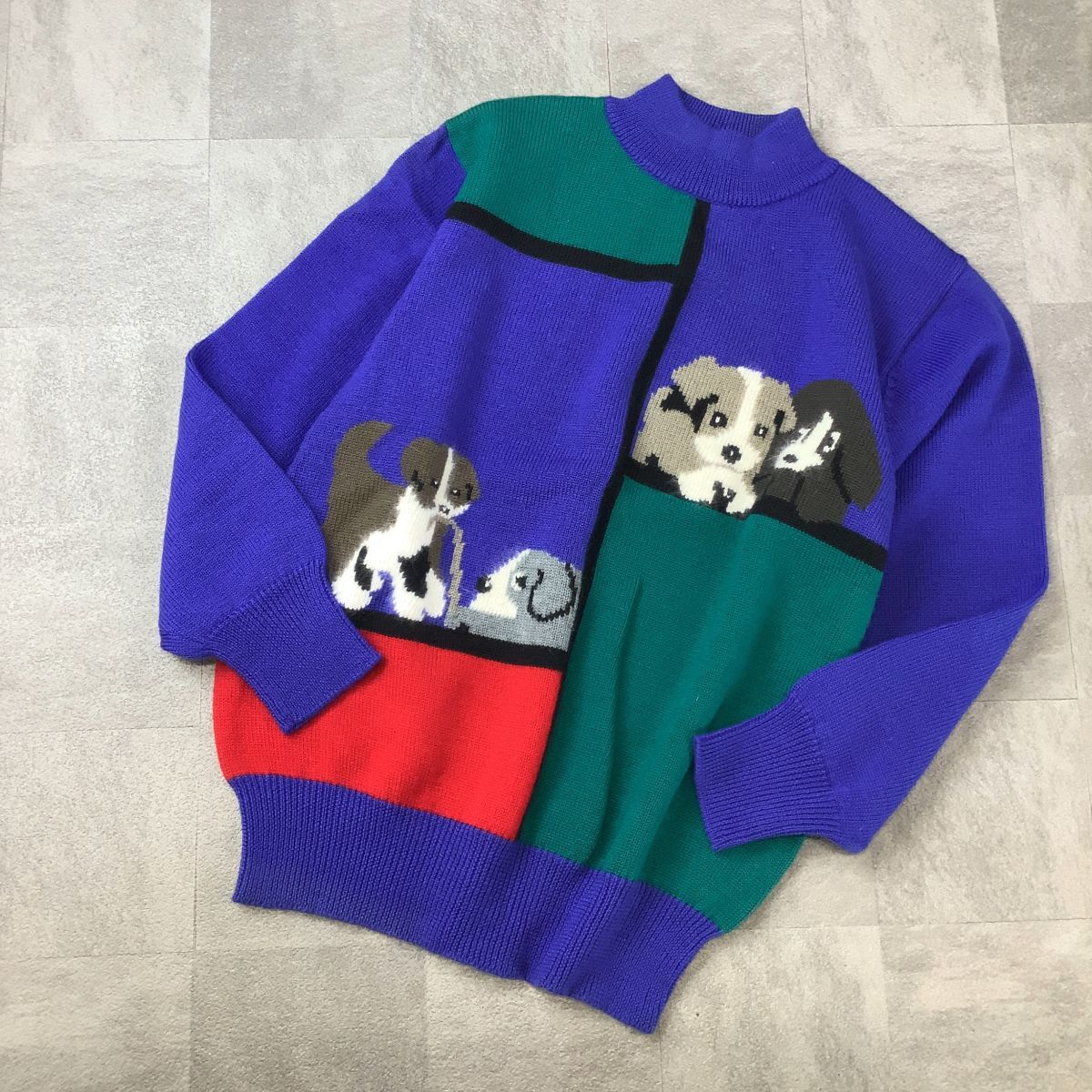 90s vareuse ボトルネック 犬柄 ドッグ柄 レトロニット ウールセーター レディース Lサイズ ブルー拍卖