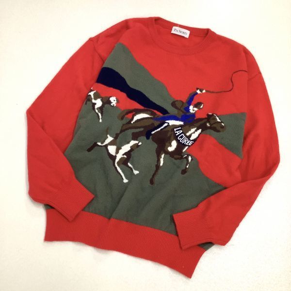 【抜群なデザイン】極美品 PIA SPORTS ホースデザイン 馬 オールオーバーデザイン ウール ニット メンズ M相当 レッド ビンテージニット拍卖