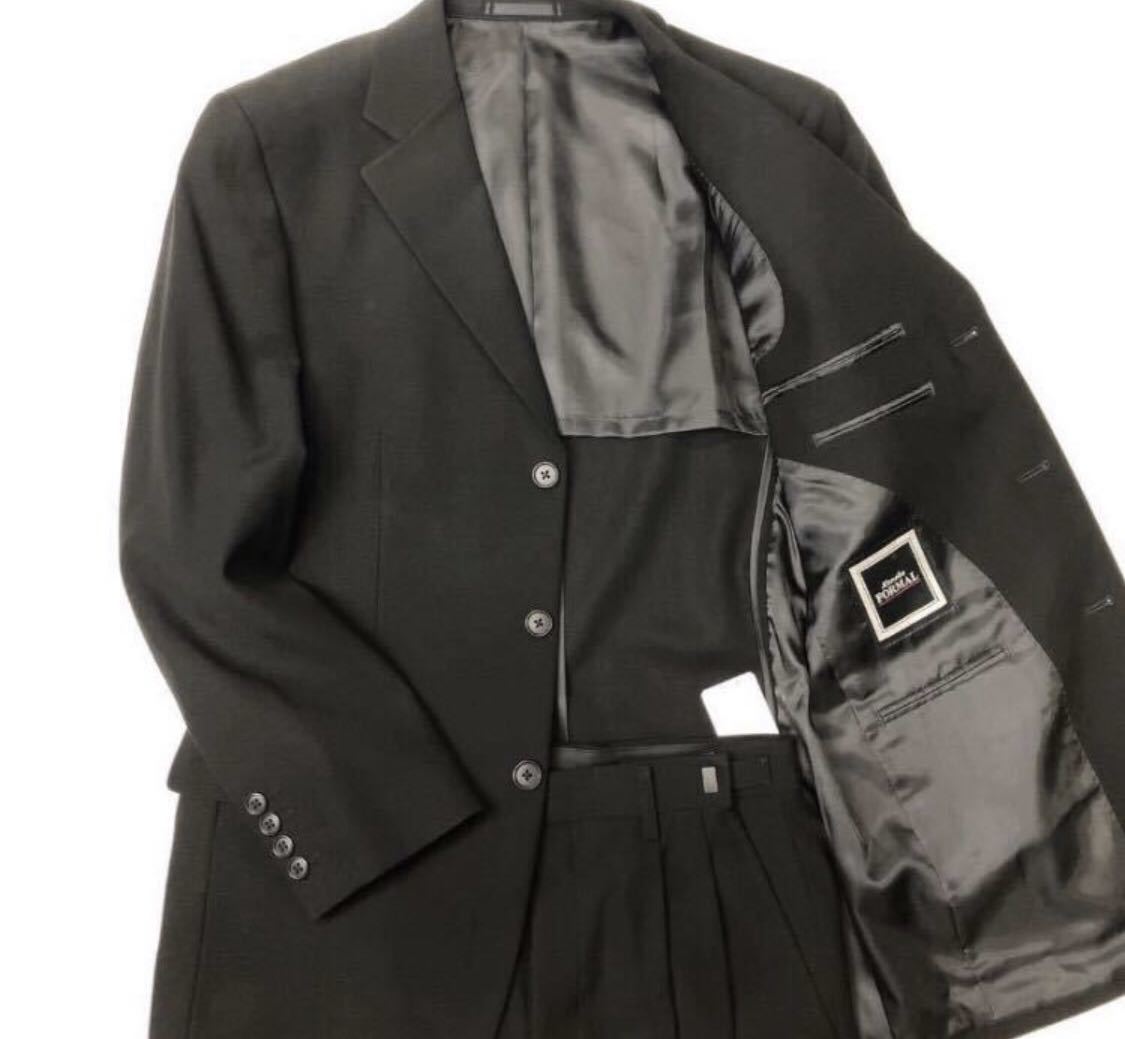 新品☆未使用【本台場仕立て★ウール100% 礼服】3つボタンシングルスーツ YA7 漆黒フォーマル ノーベンツ★2タック アジャスター付き拍卖