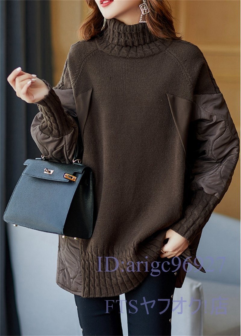 V300☆新品M-2XLサイズ秋冬高品質カジュアルハイネック厚地ミンクカシミヤ混暖かい切り替えニットセーターおしゃれ大人チュニック*コーヒー拍卖