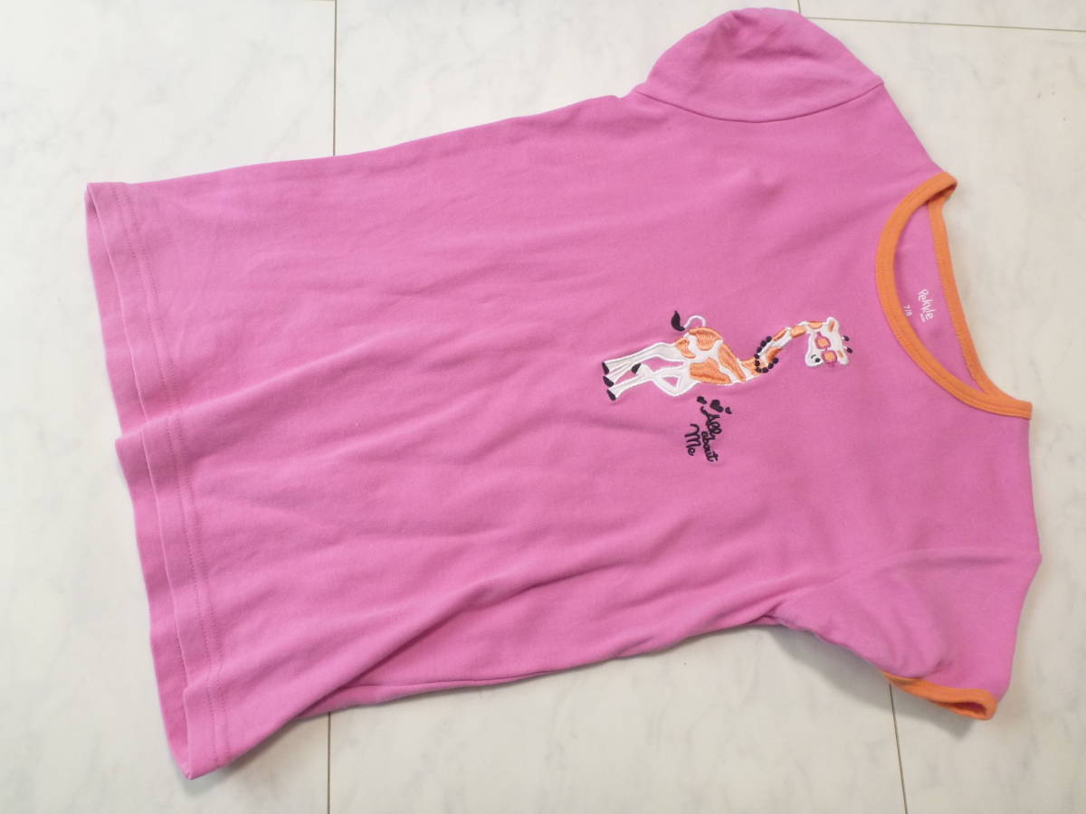 上質コットン 美品pekkle★ ピンク×オレンジ キリン 刺繍 半袖カットソ 130拍卖