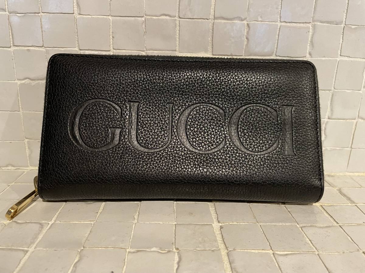 GUCCI 長財布 ジップアラウンドウォレット ブラック 黒 本革 牛革 シンプル ゴールドジップ拍卖