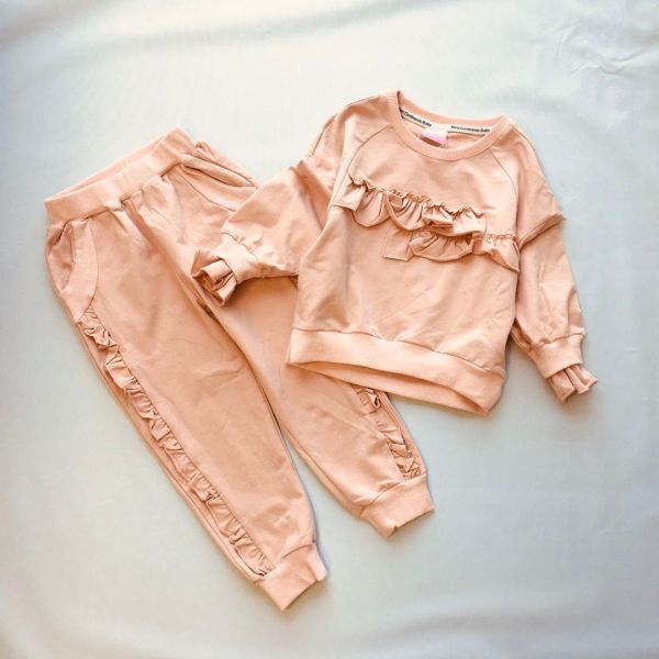 ♪mineka・新品・セール♪キッズスウェットウェア 上下セット 長袖 ルームウェア 普段着 フリル スポーツ おしゃれ ピンク130cm 010558/7T拍卖