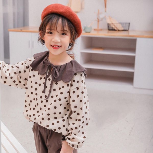 買得 女の子水玉長袖シャツ 子供服 長袖シャツ ブラウス ドッド 綿製 普段着 通園 遠足 外出 アプリコット 綿製 120cm 908195/6T拍卖