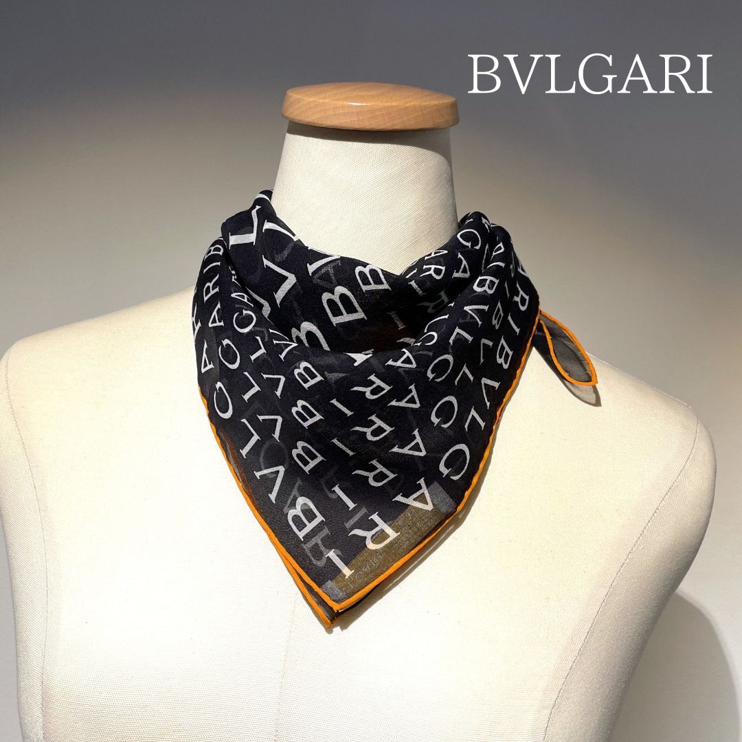 【鑑定済】BVLGARI ブルガリ スカーフ ロゴ シルク シフォン ミニスカーフ ロゴマニア ブラック オレンジ【送料無料】拍卖