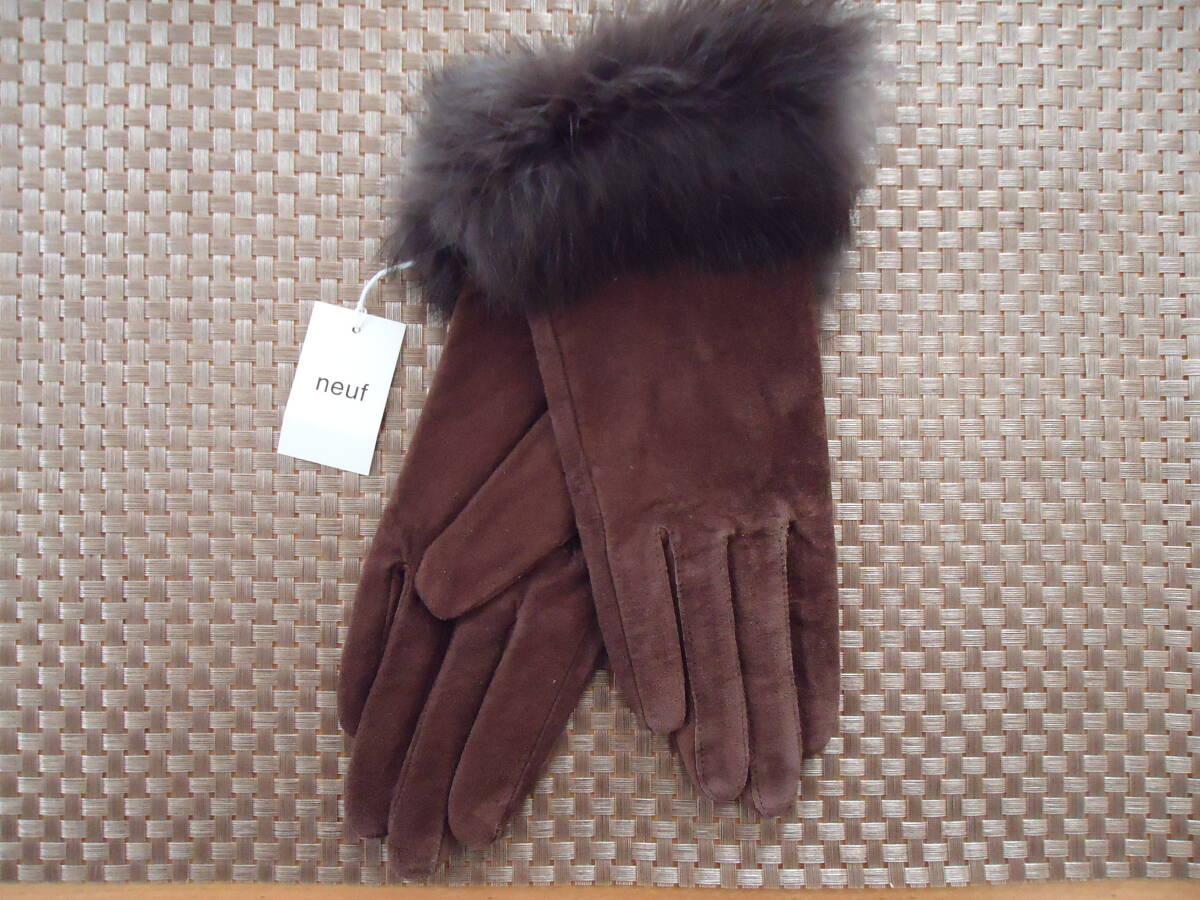 ★豚革スウェードファー付き手袋◆新品★ブラウン★中国製★拍卖