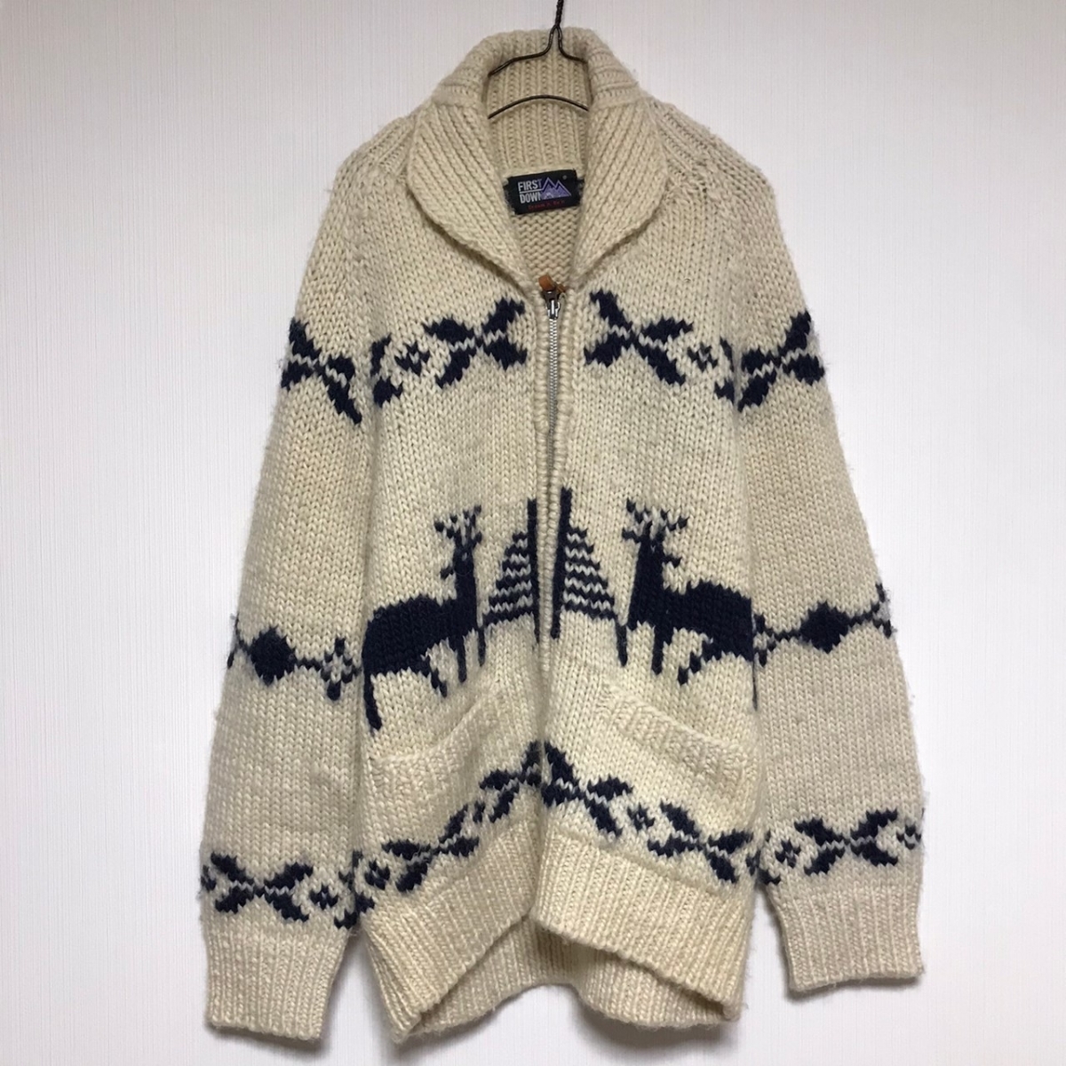 FIRST DOWN カウチンニット カーディガン ウール ノルディック 鹿 シカ アイボリー拍卖