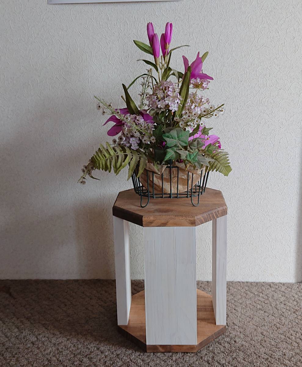 ☆ハンドメイド 八角形 花台 椅子 スツール ウォールナット・ホワイト ツートン色☆拍卖
