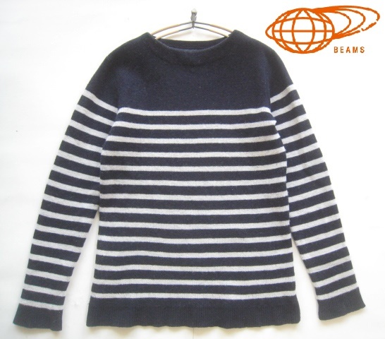 激シブ!!ビームス BEAMS*爽やかボーダー柄ウールニットセーター S 紺×白 ネイビー×ホワイト拍卖