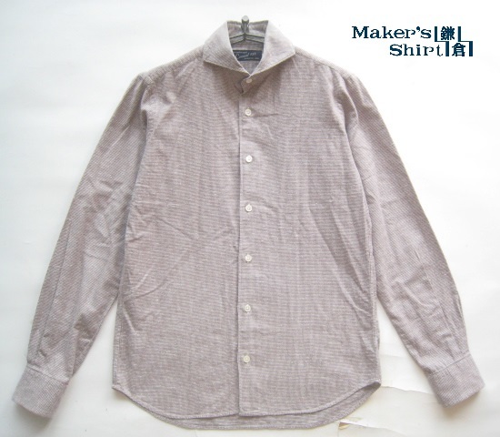 高級日本製!!メーカーズシャツ鎌倉 Maker's Shirt鎌倉*134 千鳥柄コットンネルシャツ S ワイドカラー 白×茶拍卖