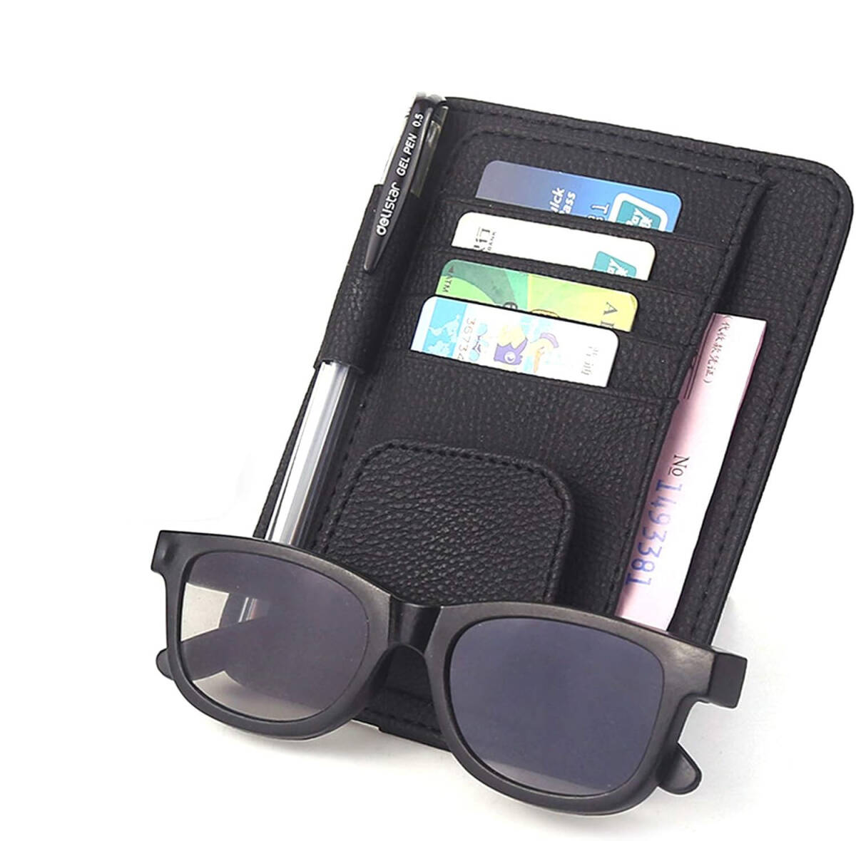 車用 サンバイザーケース カード収納 収納ホルダー PUレザー 駐車券 小銭 領収証 メガネ収納 収納ポーチ (ブラック)拍卖