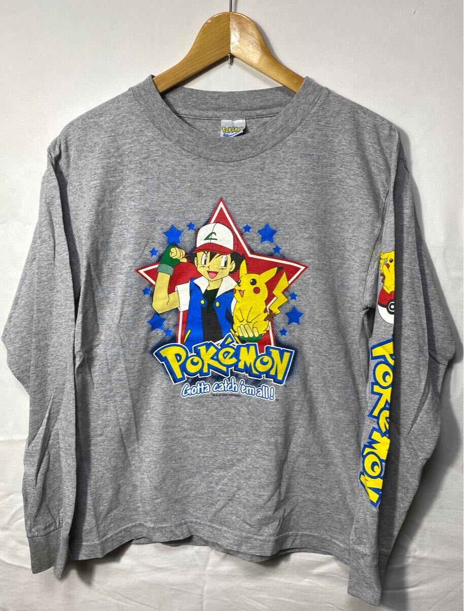 ■ 子供用 90s ビンテージ USA製 Nintendo 任天堂 Pokemon ポケモン サトシ ピカチュウ イラスト 長袖 Tシャツ サイズL グレー ■拍卖