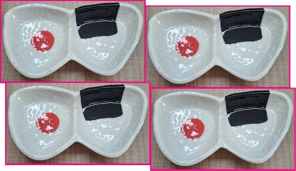 【送料無料:2連皿:4点:醤油皿 薬味皿 小皿】★可愛い「おにぎり」柄★小物皿 珍味皿 小鉢 小物入れにも★陶器 和柄 オニギリ おむすび拍卖