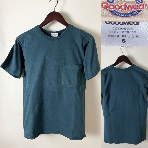 ★【国内正規品 希少レア USA製 】GOODWEAR グッドウェア コットン系 定番名作 無地 やや厚手 ポケット Tシャツ 半袖 S ネイビー グリーン拍卖