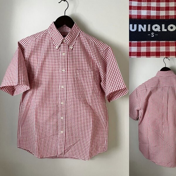 ★【並品 国内正規品】90s ビンテージ オールド ユニクロ UNIQLO 紺タグ コットン ポリエステル ギンガムチェック シャツ(半袖)S レッド拍卖