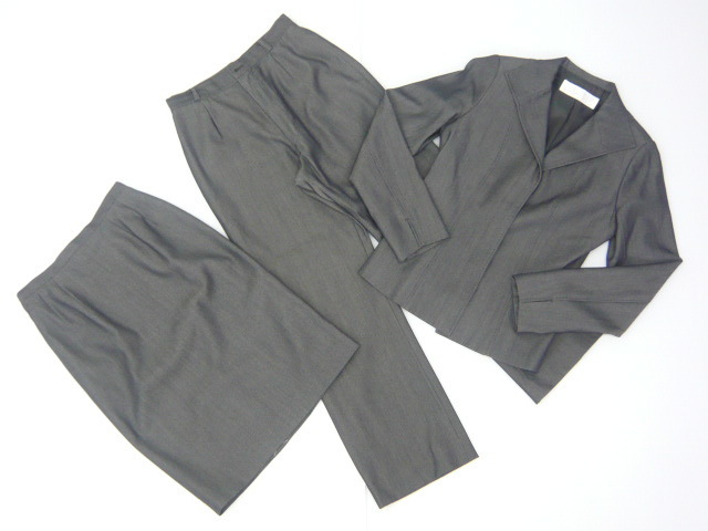 【お買得】★Sweet Cicely★レディーススーツ3点セット 7AR/W61 グレー 比翼仕立てジャケット・ひざ丈スカート・パンツ拍卖