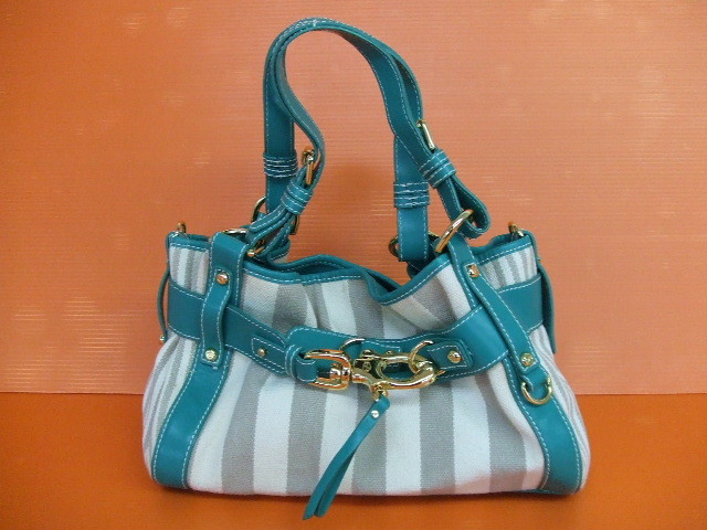 【お買得】★FRANCESCO BIASIA★ハンドバッグ グリーン×グレー系ストライプ 布袋付き拍卖