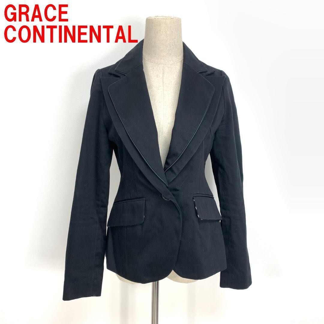 A4755 グレースコンチネンタル テーラードジャケット GRACE CONTINENTAL コットン ブラック フリル綿 裏地あり 黒 36拍卖
