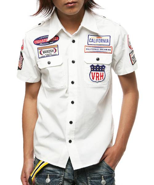 新品未使用VASH052サイズ46【 VAROSH紳士ポリスマンワッペン半袖シャツホワイト】VANQUISH メンズ 拍卖