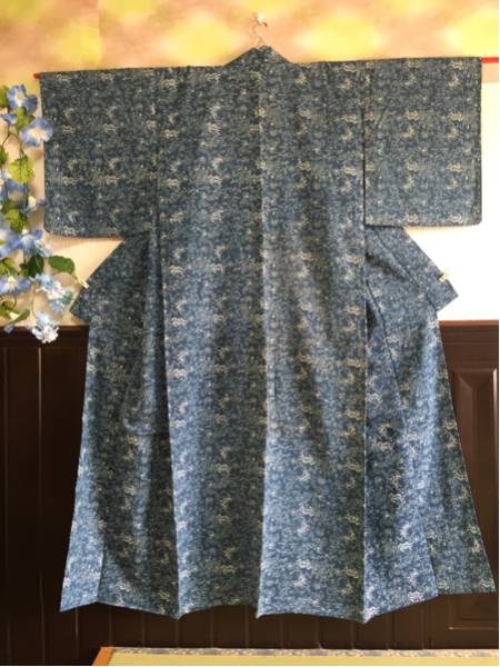 正絹着物 身頃149.5cm 蝶と鳥の小紋柄 藍色 062407拍卖