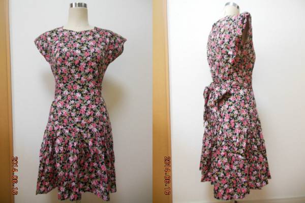 squeeze★バラ柄ワンピース/後ろでリボン/日本製/肩パット/拍卖