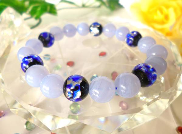 ☆トラウマの癒し☆リラックスヒーリング☆高品質AAA☆ブルーカルセドニー☆ ☆とんぼ玉☆ホタルガラス☆ ☆10mm☆ ☆17cm☆拍卖