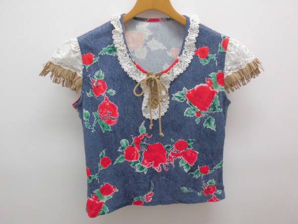 送料無料!伊太利屋(イタリヤ)薔薇柄袖フリンジカットソー☆7号拍卖