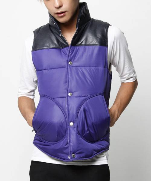 新品未使用VJJ3022サイズL【VANQUISHラムレザー切替えマウンテンベストネイビー】メンズ 紳士 拍卖