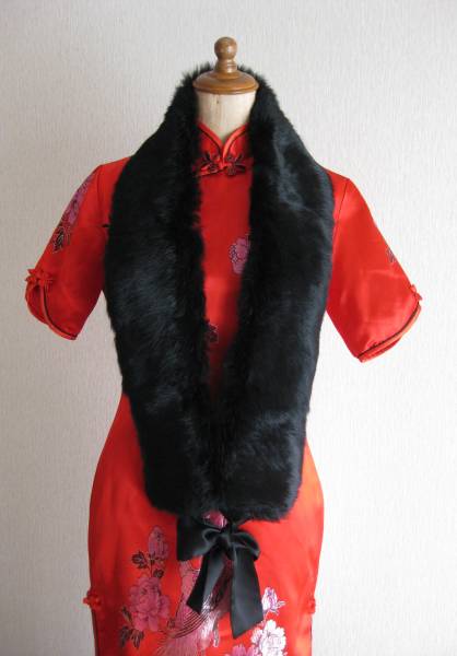 〇黒 ロングストール 優雅なファー ●リボン付きストール FROM FIRST ★フロムファースト 風合良好 重さ≒120g 長さ123 巾12拍卖