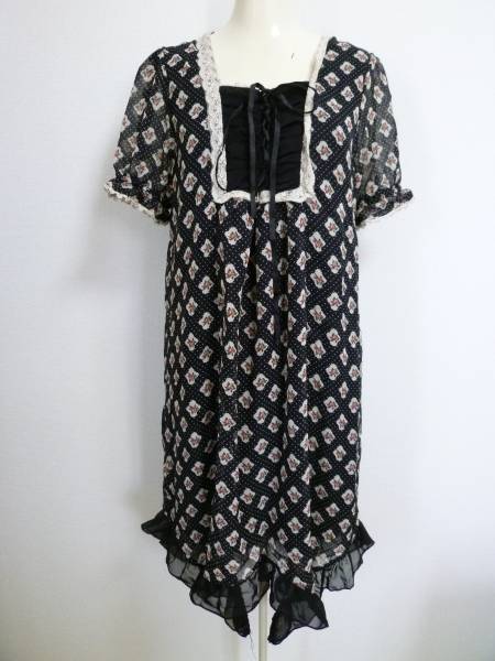 axes/アクシーズ▲黒小花柄イレギュラーシフォンワンピースM/101拍卖