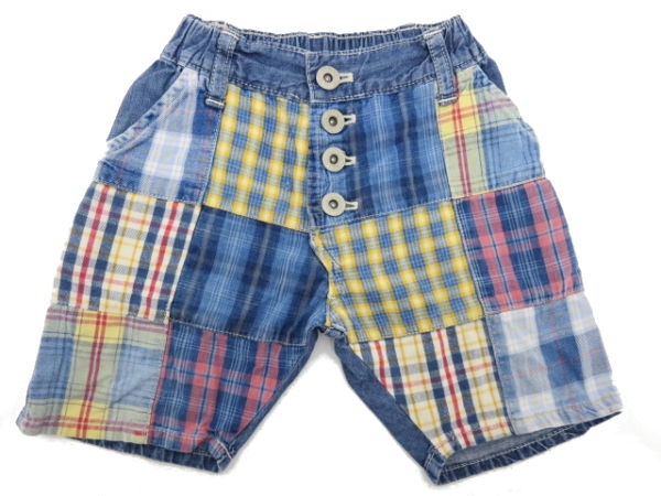 KJ44★送料無料★MU CHA CHA ムチャチャ★パッチワーク チェック×デニム パンツ クロップドパンツ XS拍卖