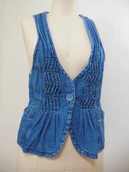 URBAN NOW★デニム/前開きベスト/ポケットにリボン付き/丈長め拍卖