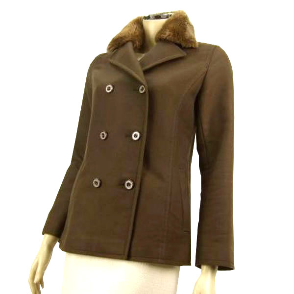 CO)美品*バーバリーブルーレーベル ★ファー衿×ロゴ釦*斜織&美艶ピーコート★38サイズ(9号 M)拍卖