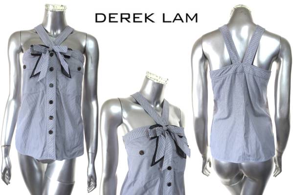 二点落札で送料無料! D84 イタリア製 DEREK LAM デレクラム リボン ノースリーブ 38 トップス レディース ネイビー ストライプ拍卖