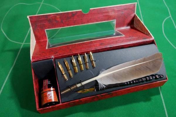 ▼アンティーク調 グースフェザー 羽根ペン 羽ペン set インク付 箱入り 未使用!!!▼拍卖