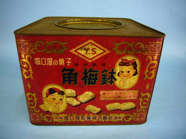 古い【可愛い図柄・堀口屋の菓子・角梅鉢・ブリキ缶】拍卖