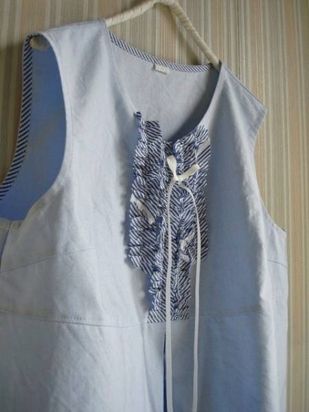 胸元ギャザーフリルチュニック★ブルーコットン ハンドメイド 拍卖