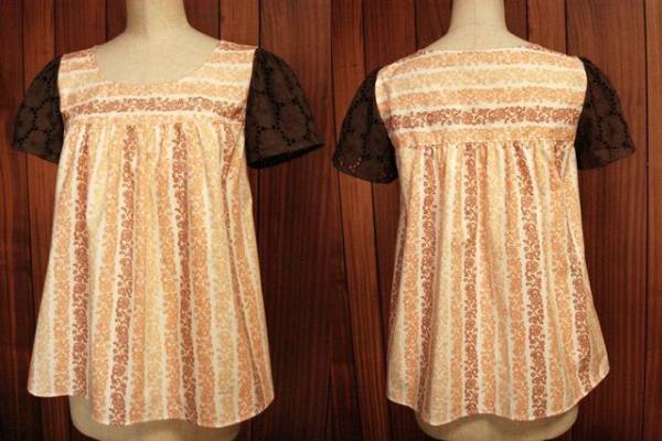 花ストライプ&花レース★ヨーク切替えブラウス ハンドメイド 拍卖