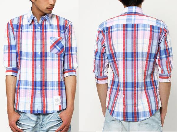 新品未使用VJS2079サイズL日本製Made in Japan【VANQUISH紳士七分袖マドラスチェックシャツサックス】メンズ  カジュアルシャツ拍卖