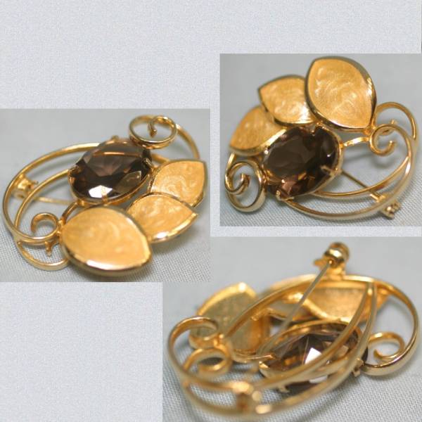 女性用ブラウン系透明な石付ベージュの花びら付4X3,6㎝ブローチ ○B9-176-5拍卖