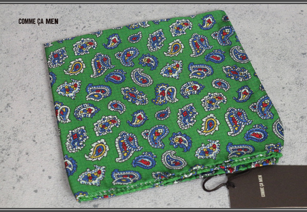 新品コムサメン イタリア製ペイズリー柄シルクハンカチーフ緑絹2拍卖