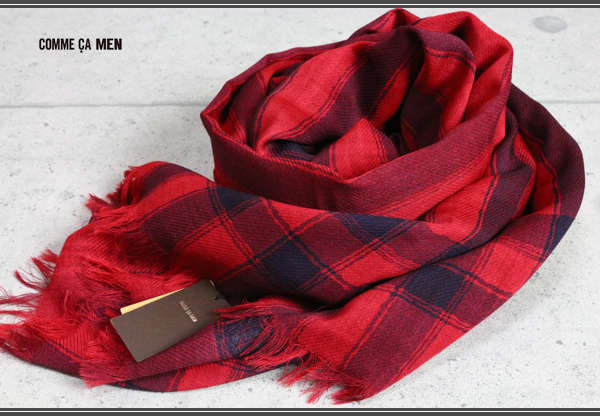 新品コムサメン日本製チェック ストライプ ウール ストール赤 定価1.4万円マフラー/COMME CA MEN2拍卖