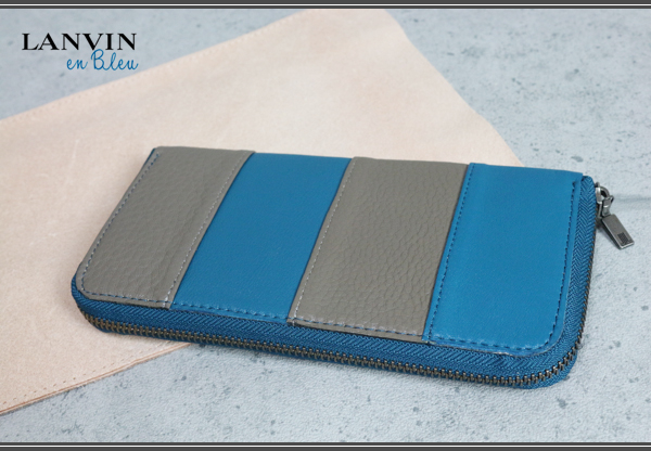 新品ランバン オン ブルー革ケース付き本革ボーダー長財布青拍卖